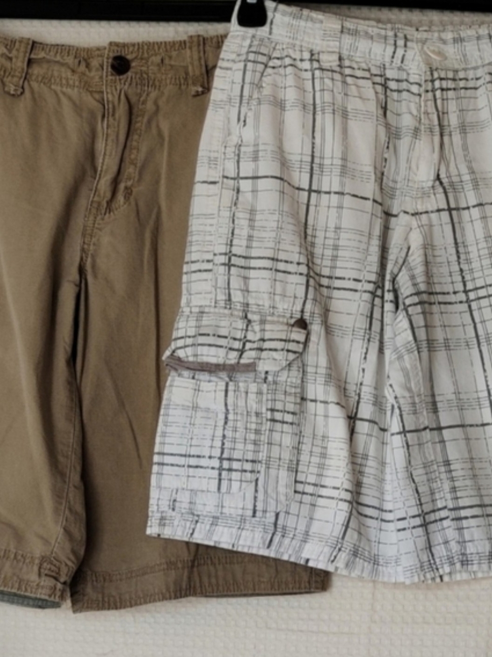 Two pairs of Boys Shorts Size 12, White Plaid Uproar and Tan Urban Pipeline